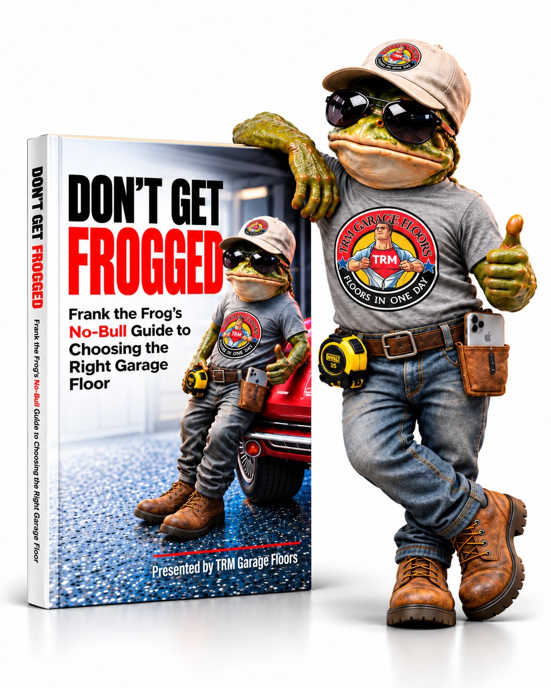 Don't Get Frogged book standing upright with Frank the Frog leaning on it, thumbs up, in his TRM Garage Floors shirt, cap, and work boots.