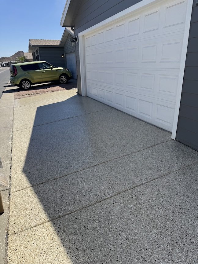 Driveway apron polyaspartic concrete coating, gray flake — East Valley, AZ